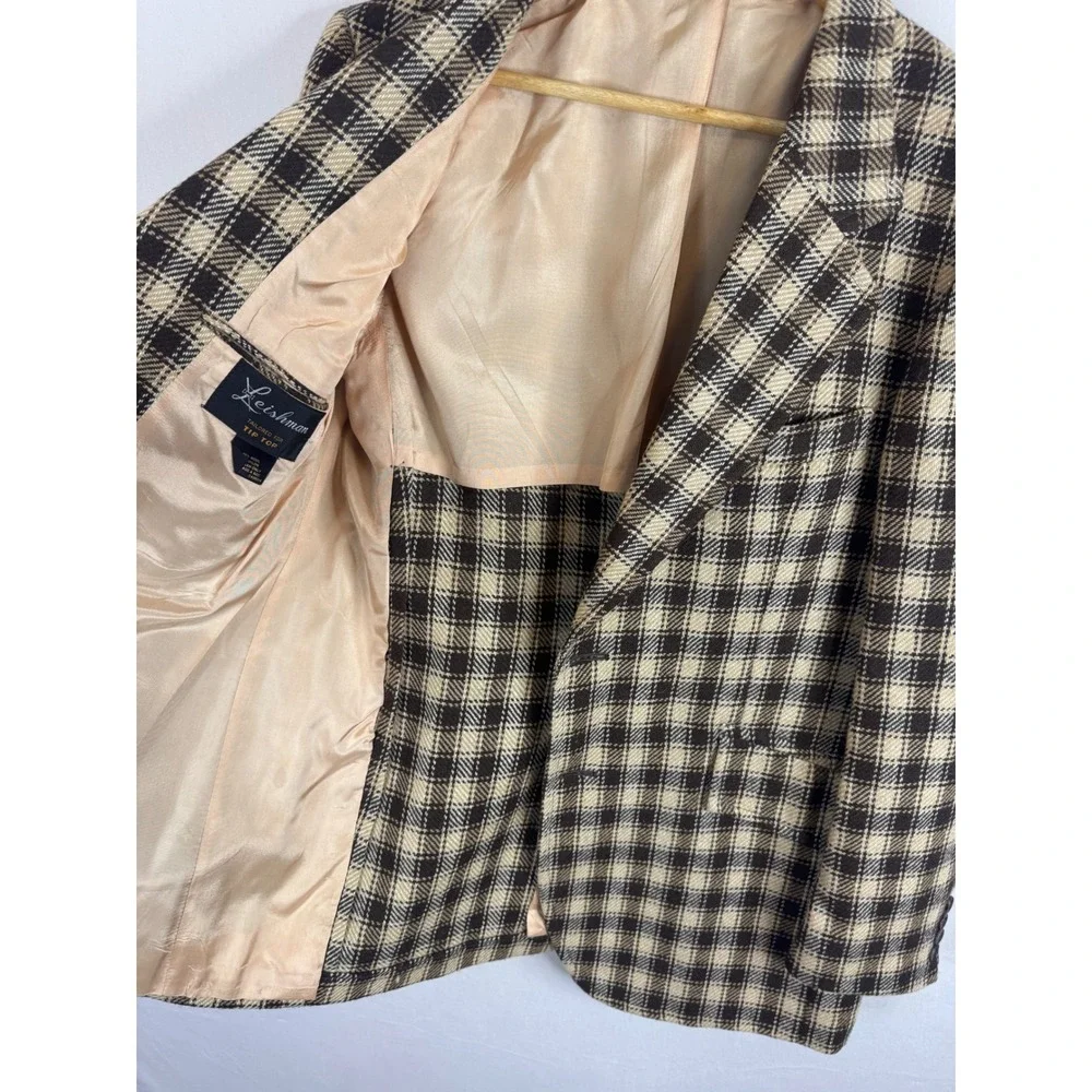 Vintage 70s Tip Top Wool Blend Plaid Blazer Sport Coat Brown Cream 44 Reg